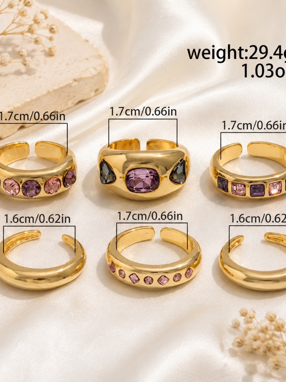 Gold Pink Crystal Stackable Rings — Y2K - Picture 3 of 4